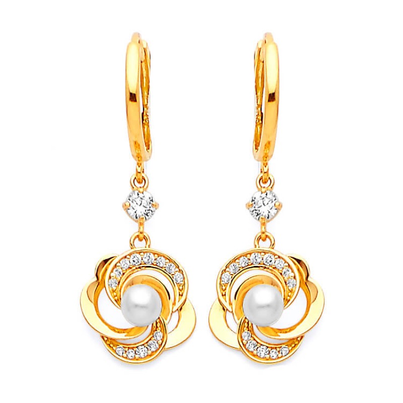 Flower Drop Earrings in 14K Solid Gold with White CZ & White Pearl