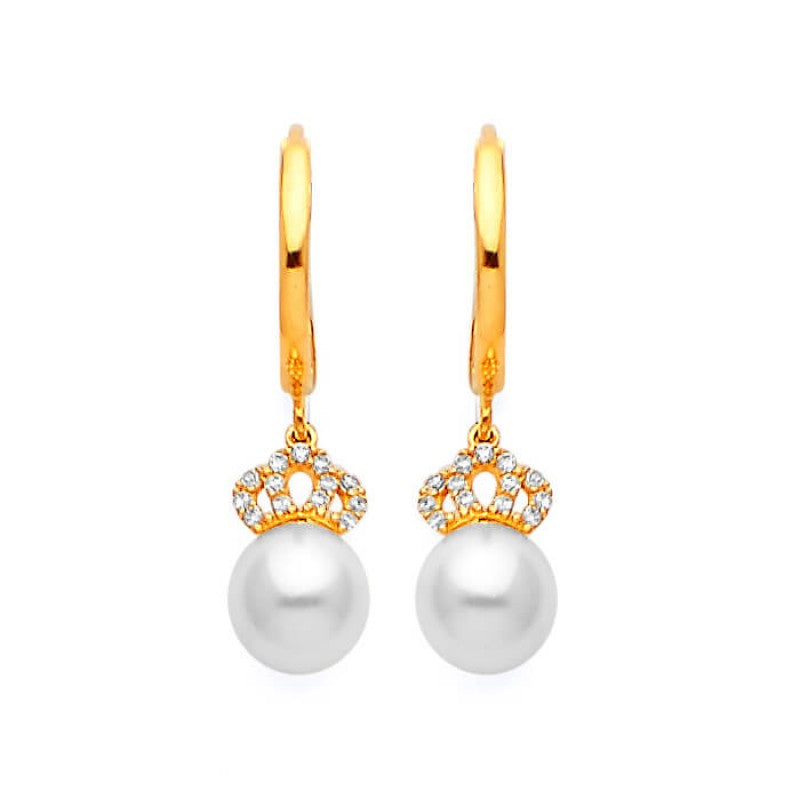 14K Solid Gold, White CZ & White Pearl Crown Drop Earrings