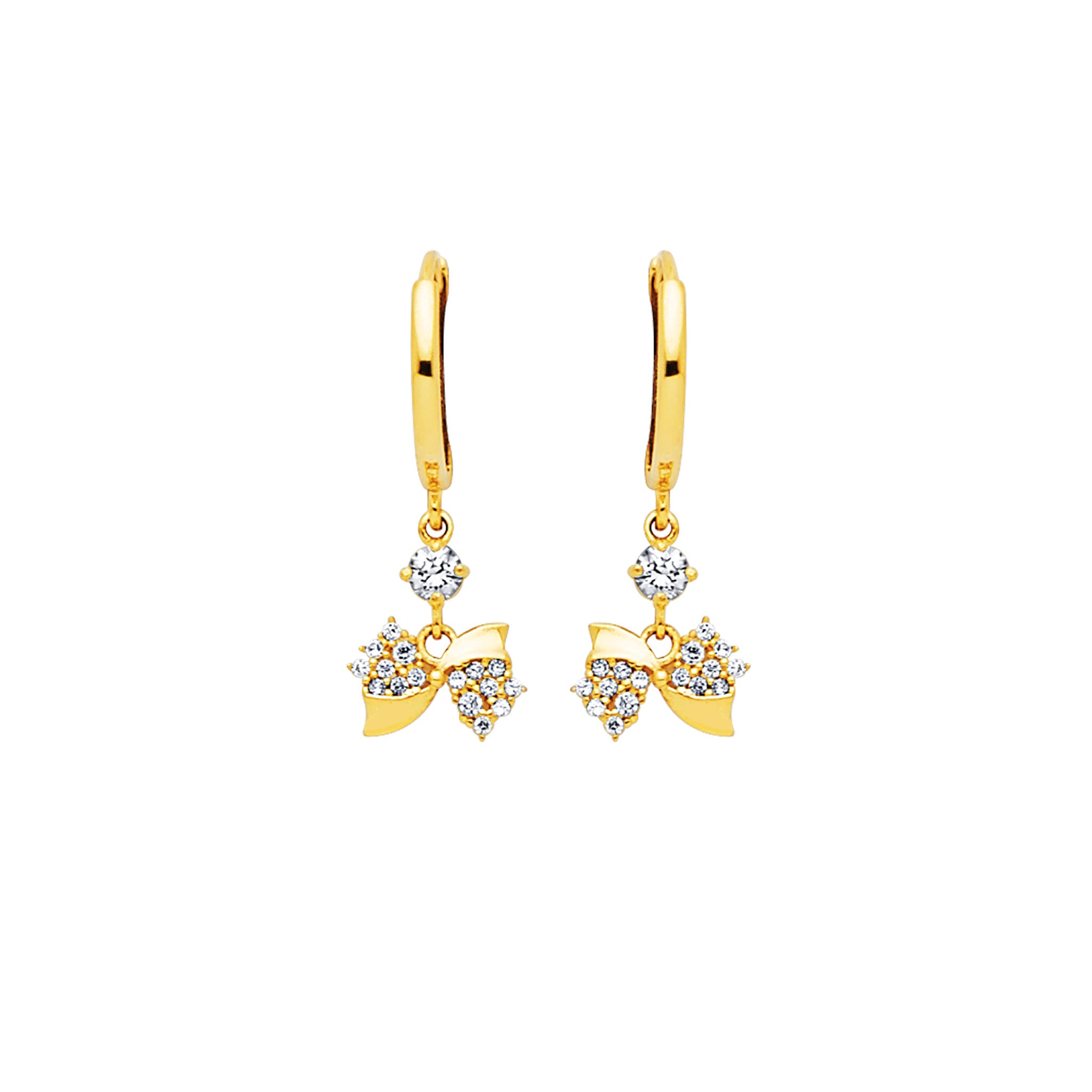 Ribbon Drop Earrings in 14K Solid Yellow Gold & White CZ