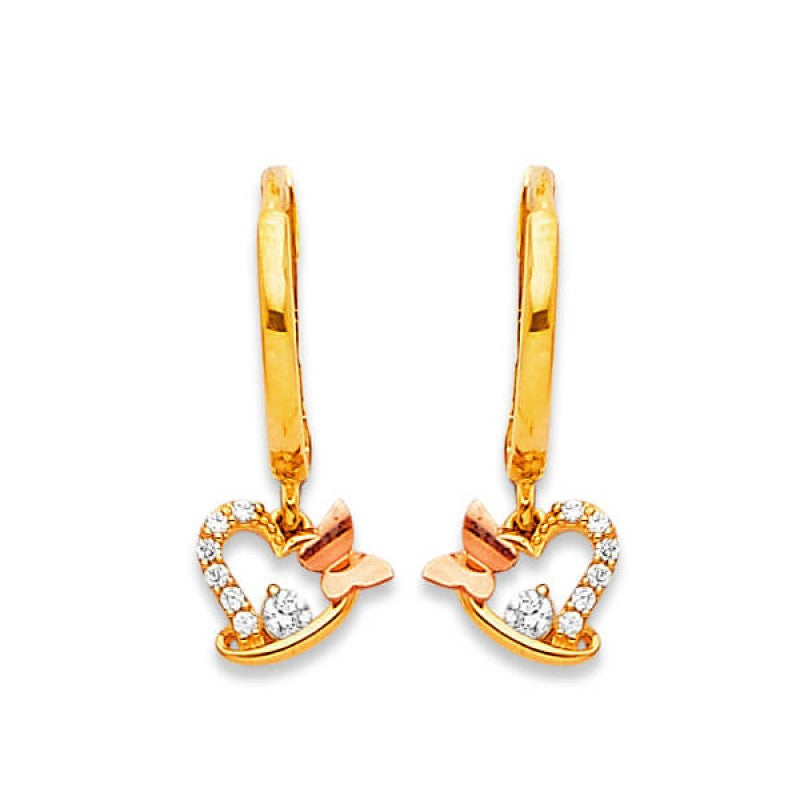 Heart Drop Earrings with Butterfly in 14K Solid Two-tone Gold w/ White CZ