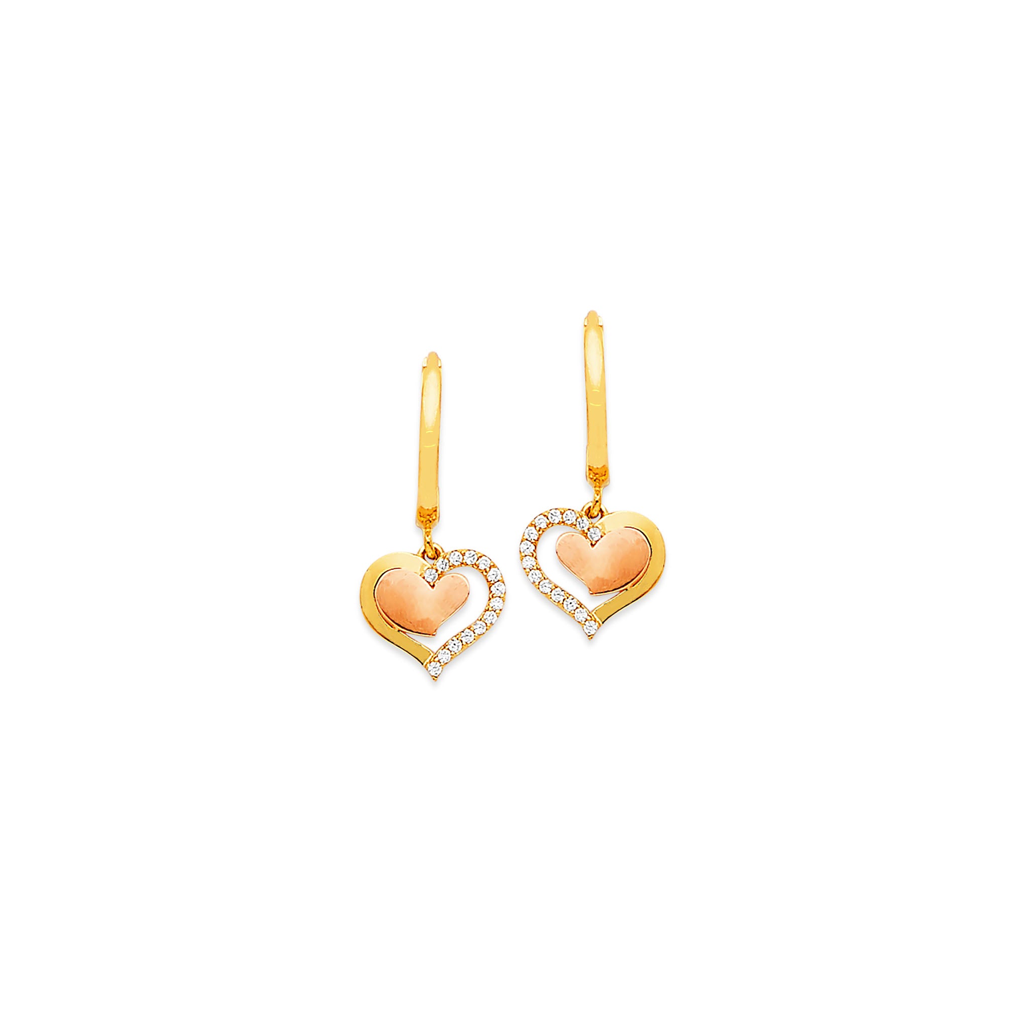 Heart Drop Earrings in 14K Solid Two-tone Gold with White CZ