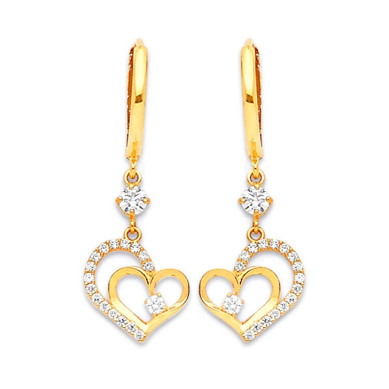 Double Heart Drop Earrings in 14K Solid Gold with White CZ