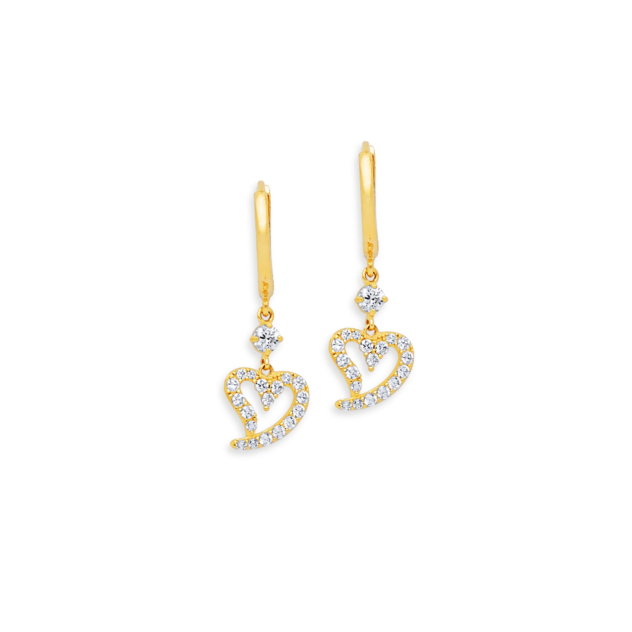 Heart Drop Earrings in 14K Solid Gold with White CZ