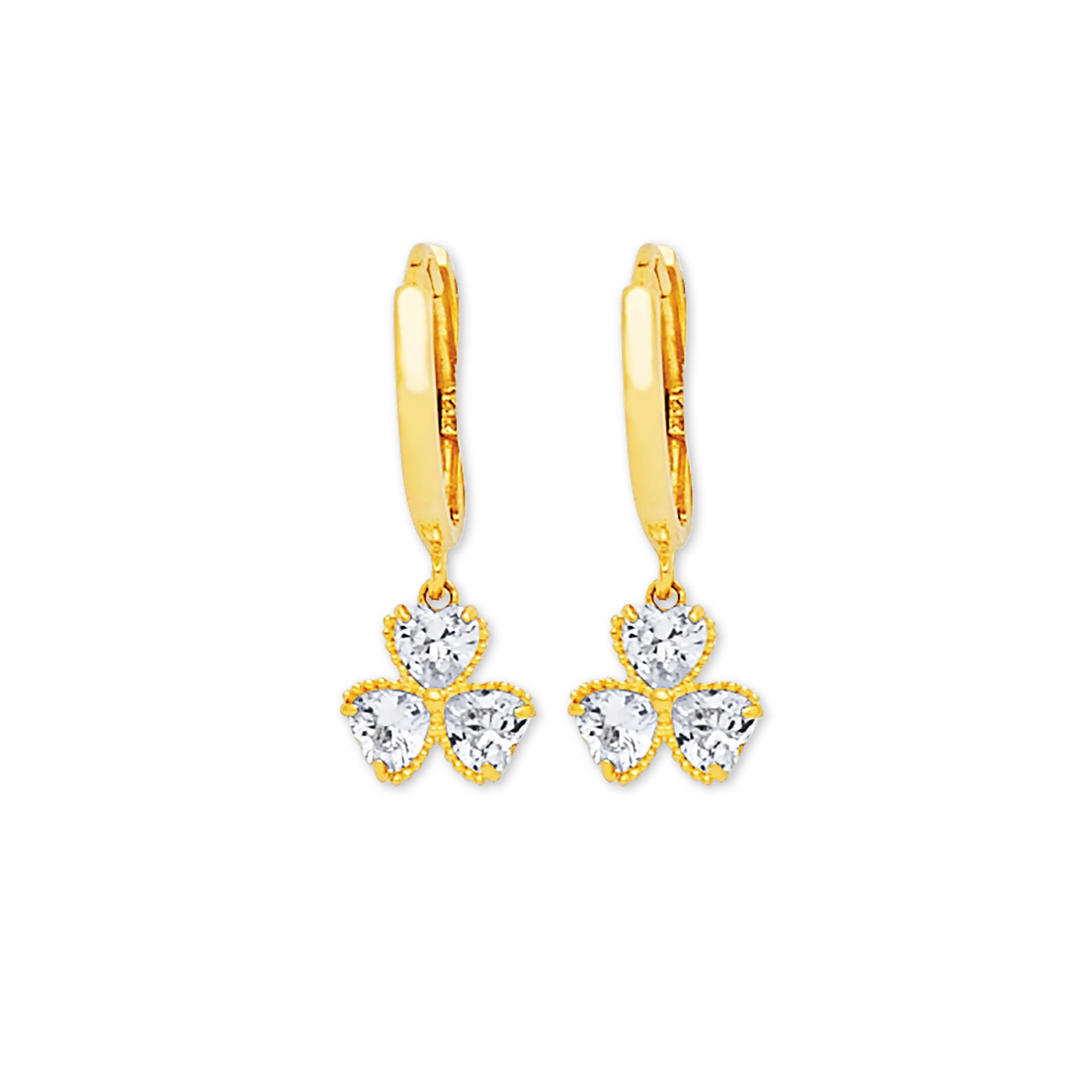 Three Leaf Clover Drop Earrings in 14K Solid Gold with White CZ