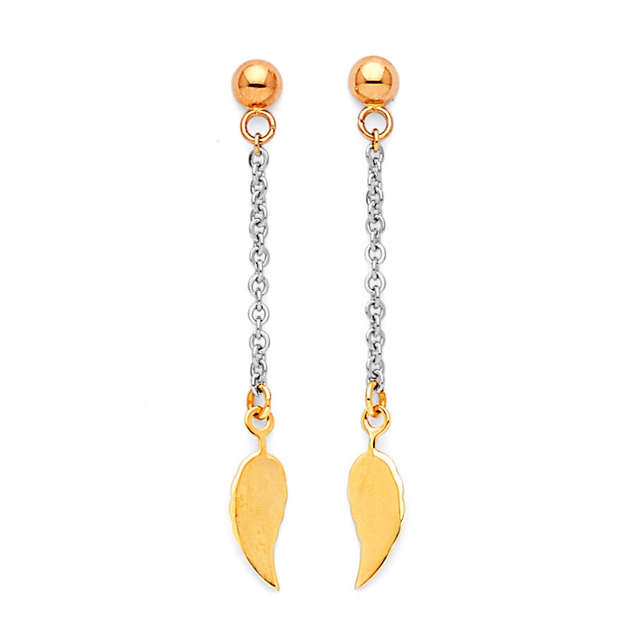 14K Tri-color Solid Gold Ladies Leaf Drop Earrings