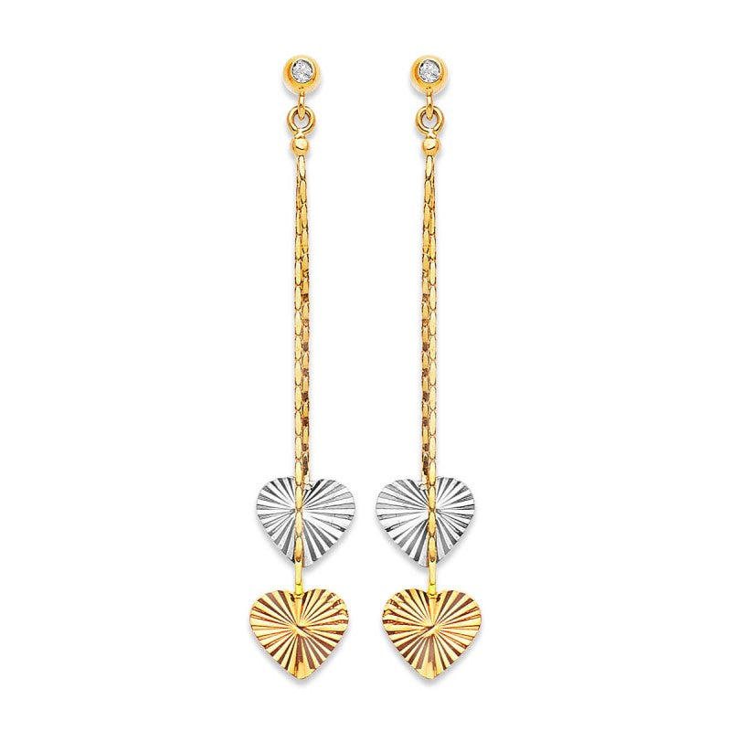 Double Heart Tassel Drop Earrings in 14K Solid Tri-color Gold with White CZ