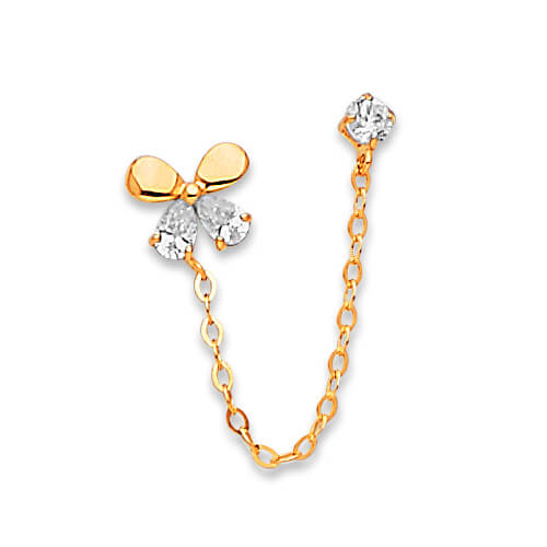 14K Solid Gold and White CZ Ladies Single Ear Piece Butterfly Chain Earrings