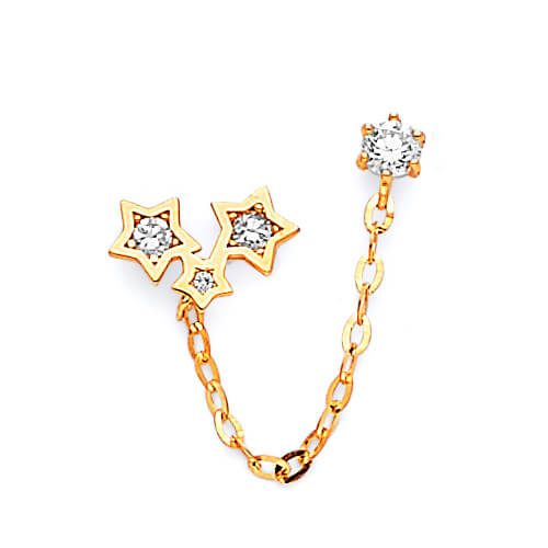 14K Solid Gold and White CZ Ladies Three Stars Stud Chain Single Ear Piece Earring