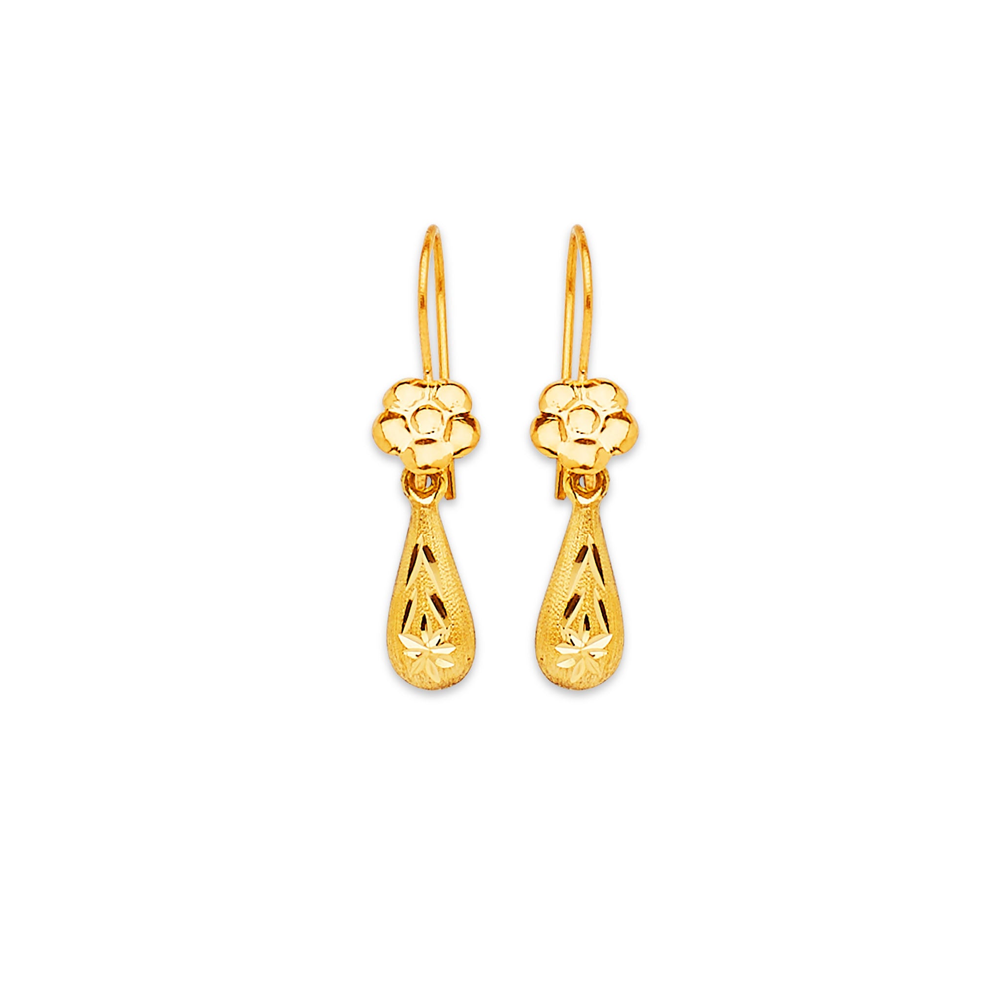 14K Solid Gold Flower Teardrop Earrings