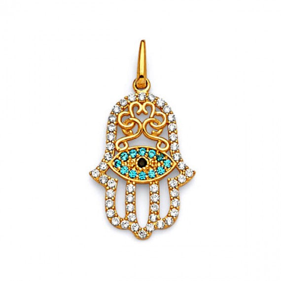 14k Solid Gold Hamsa Hand Pendant with White & Blue CZ