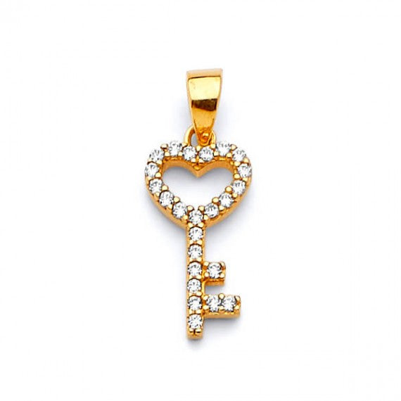 Heart Key Pendant in 14K Solid Gold with White CZ