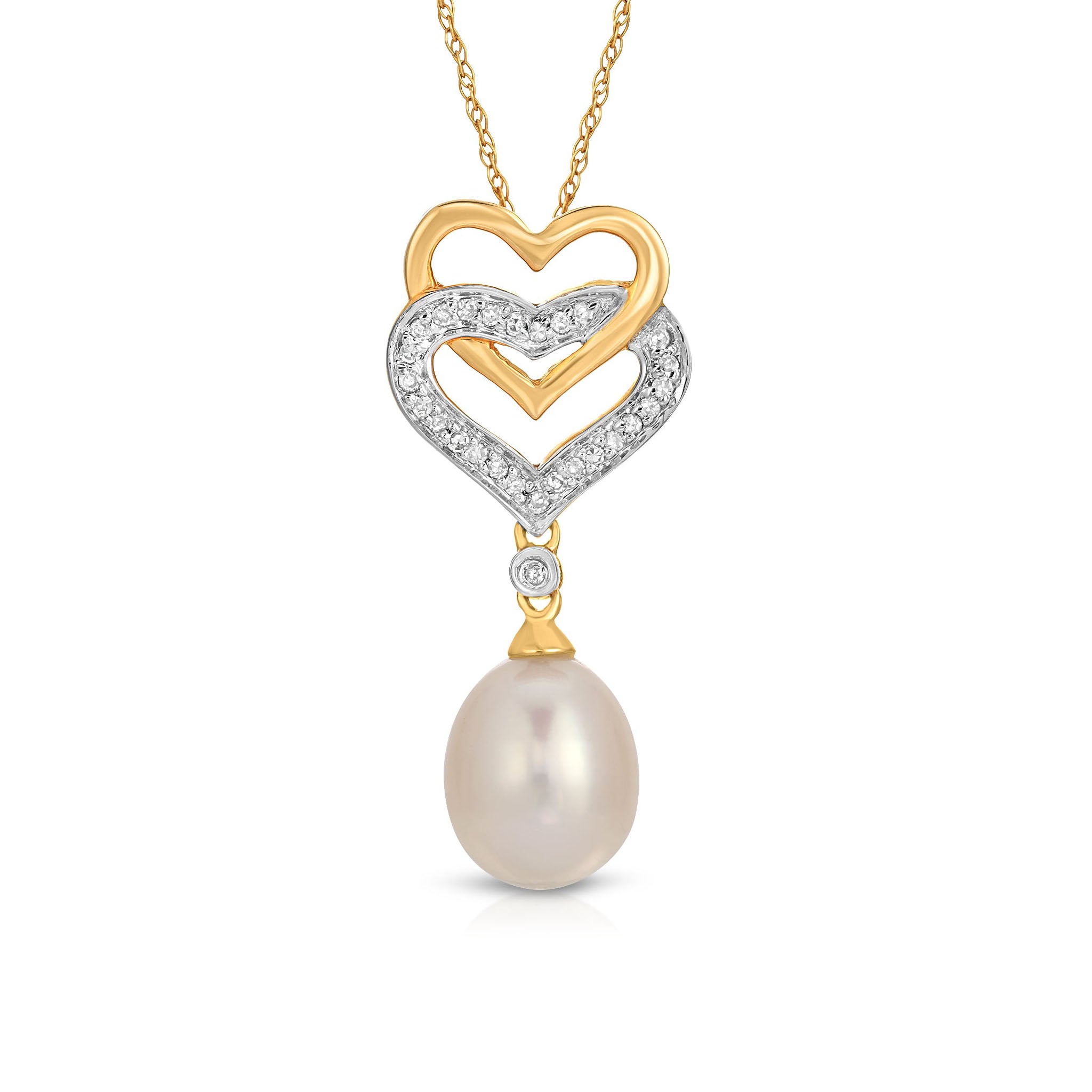 14K Solid Gold (0.25ctw) Double Diamond Hearts & Pearl Necklace