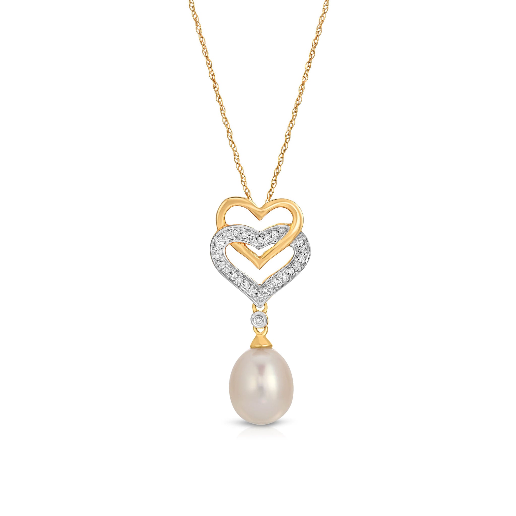 14K Solid Gold (0.25ctw) Double Diamond Hearts & Pearl Necklace