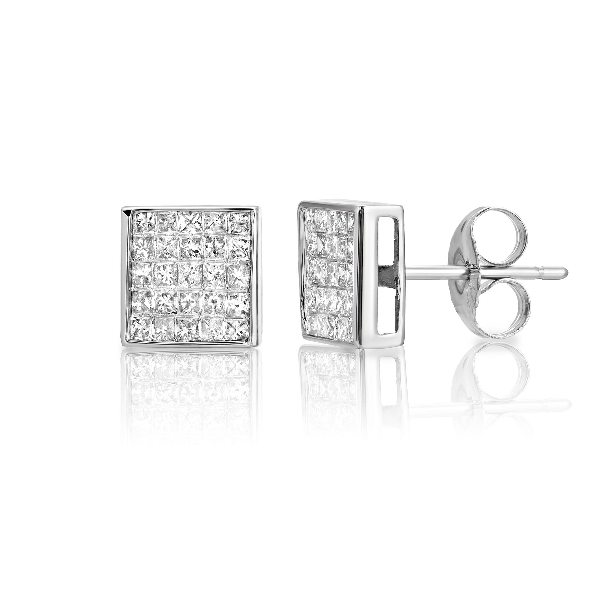 Square Pave Diamond Stud Earrings in 14K Solid White Gold with (0.75 ctw) Real Diamonds