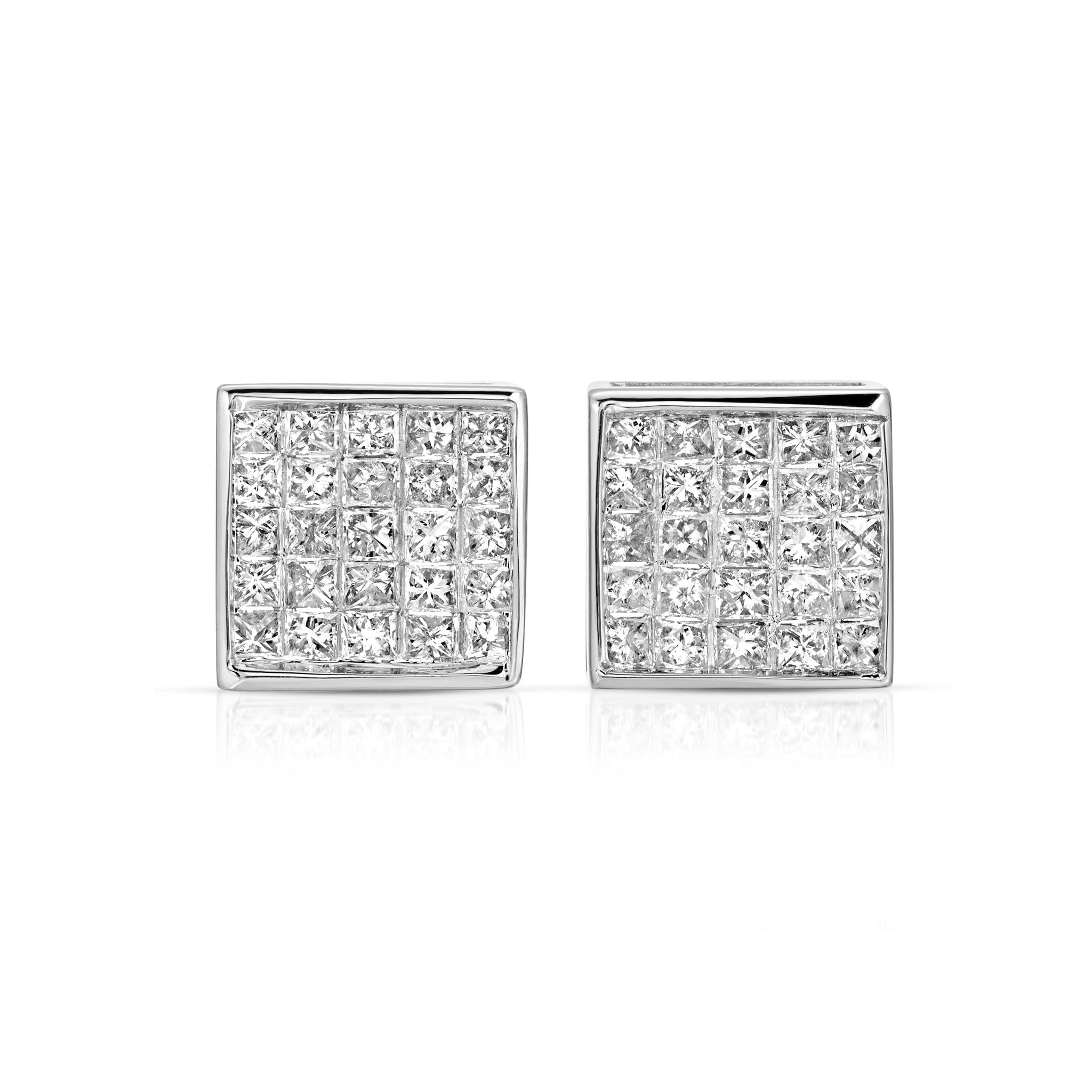 Square Pave Diamond Stud Earrings in 14K Solid White Gold with (0.75 ctw) Real Diamonds