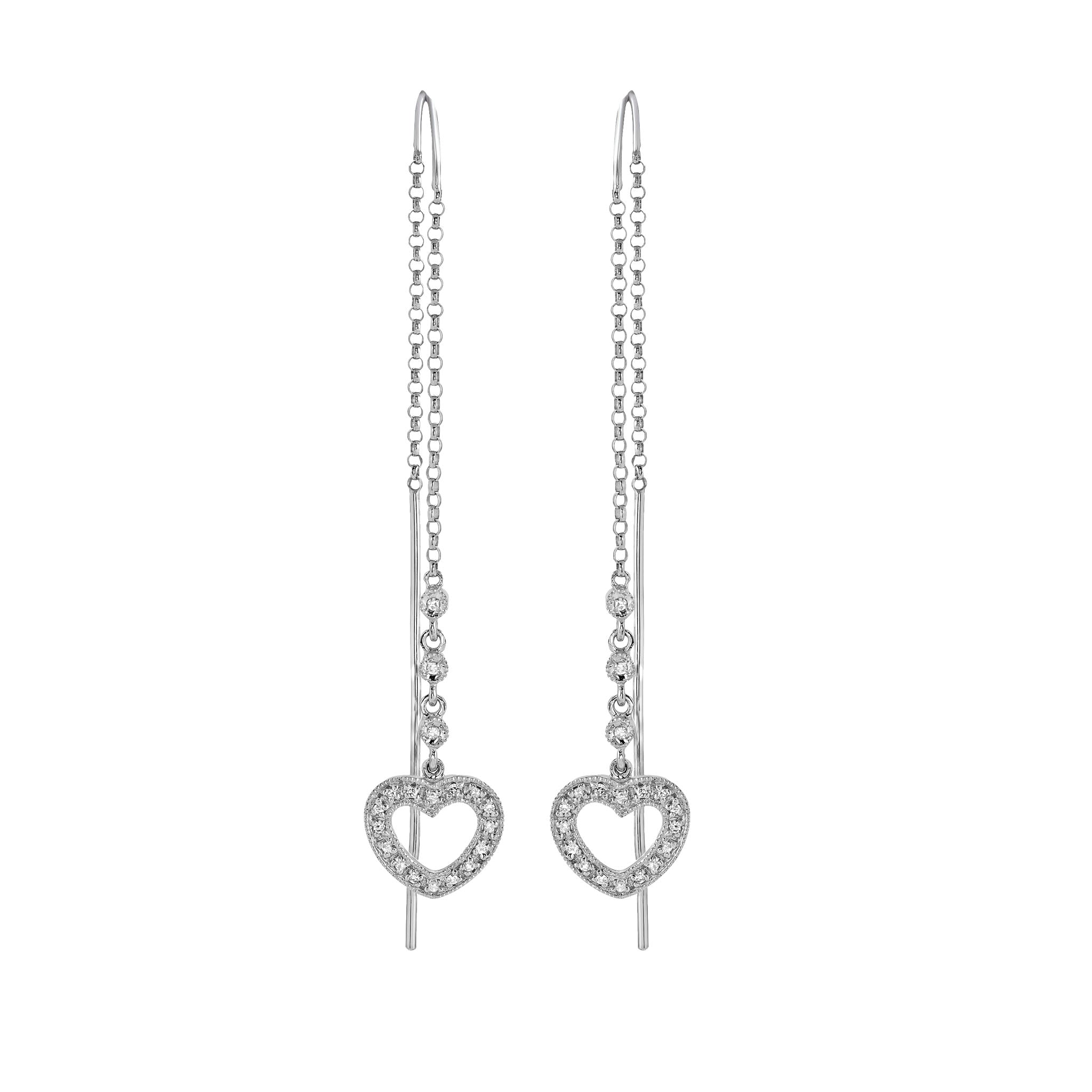 14K Solid Gold (0.30ctw) Diamond Heart Dangling Earrings