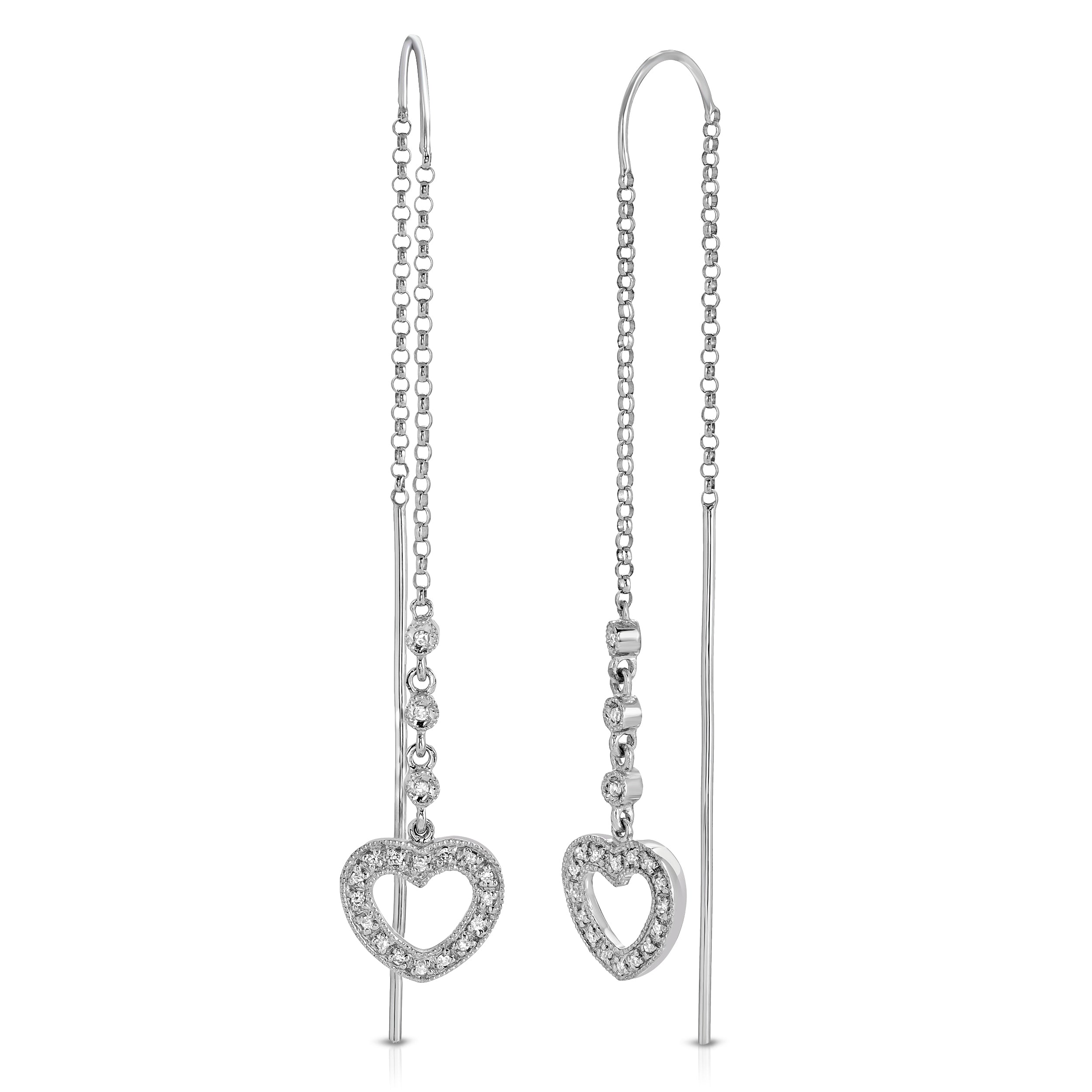 Diamond Heart-shaped Dangle Earrings in 14K Solid White Gold, 0.30 ctw