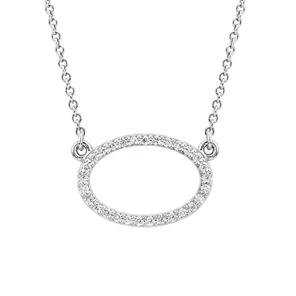 14K Solid White Gold Open Oval (.14 ctw) Diamond Necklace