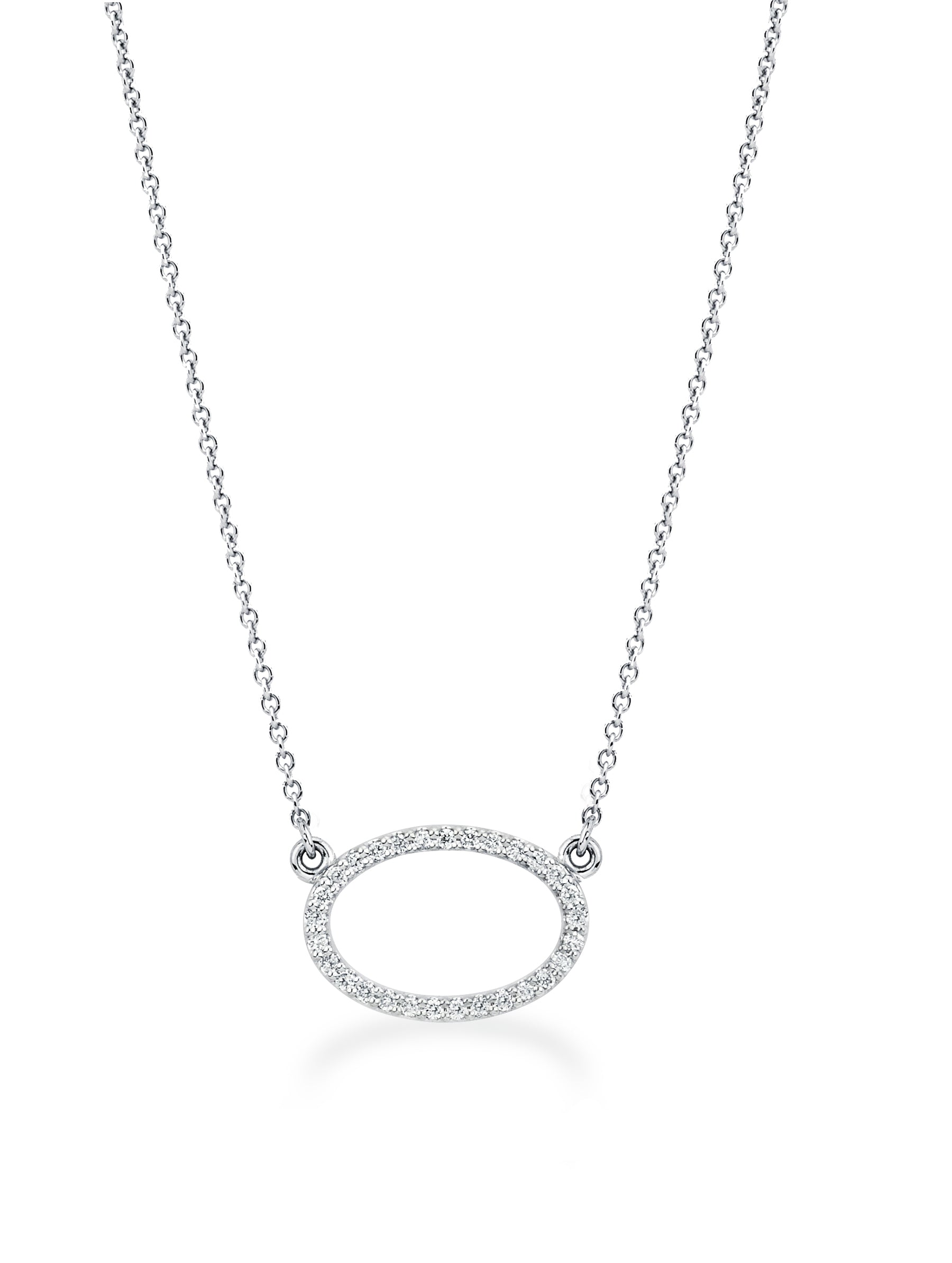 14K Solid White Gold Open Oval (.14 ctw) Diamond Necklace