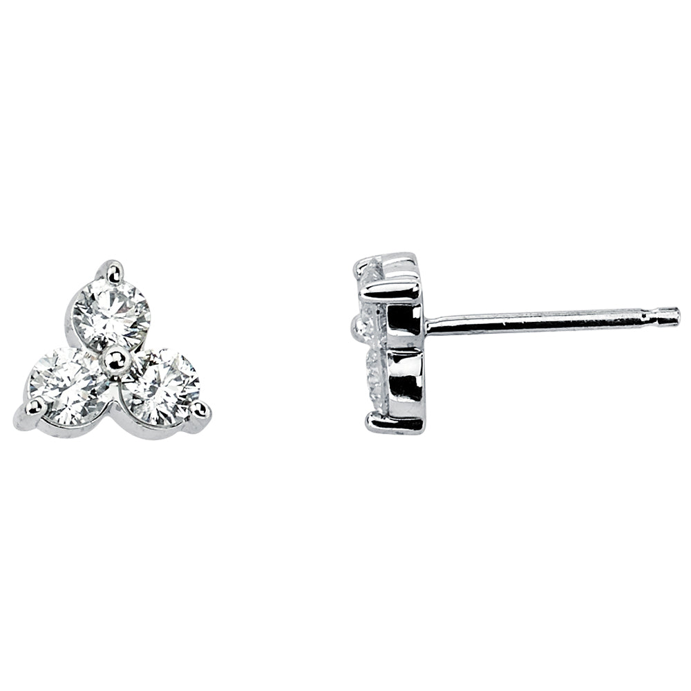 14K Solid White Gold Three Stone Cluster (0.62 ctw) Diamond Earrings