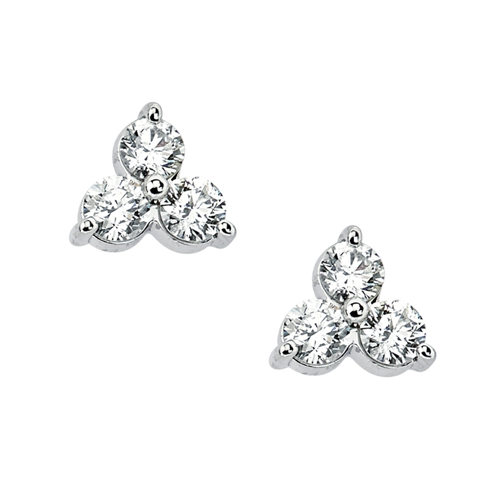 14K Solid White Gold Three Stone Cluster (0.62 ctw) Diamond Earrings