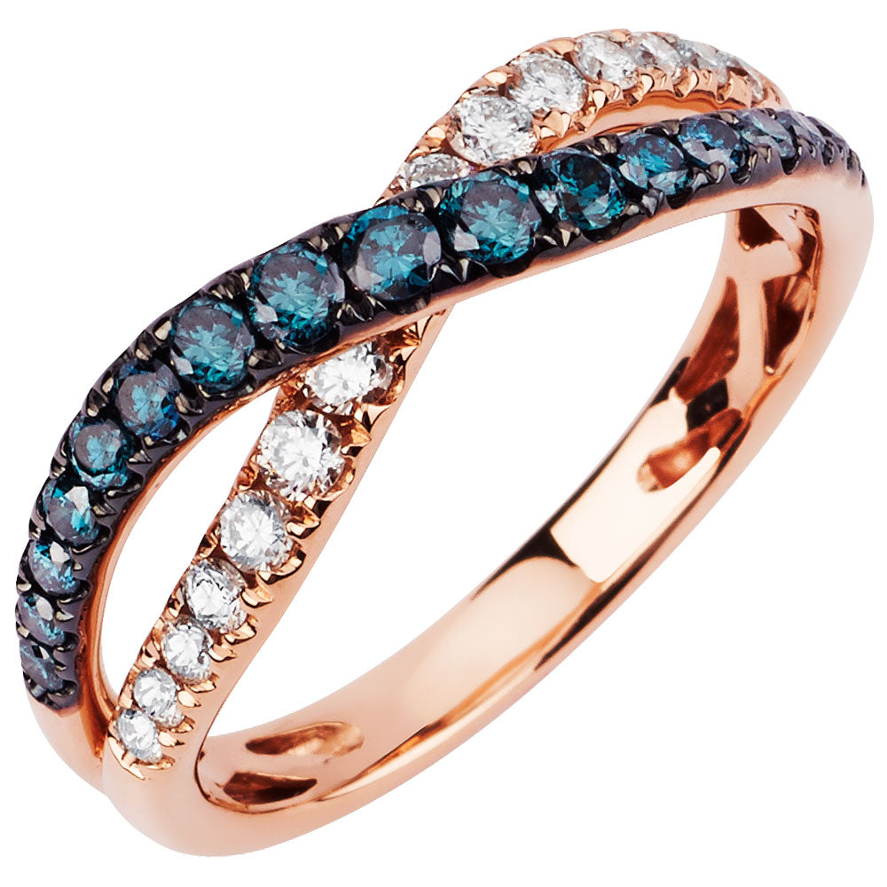 14K Solid Rose Gold Criss Cross Pave Ring with Blue and White (.73ctw) Diamonds