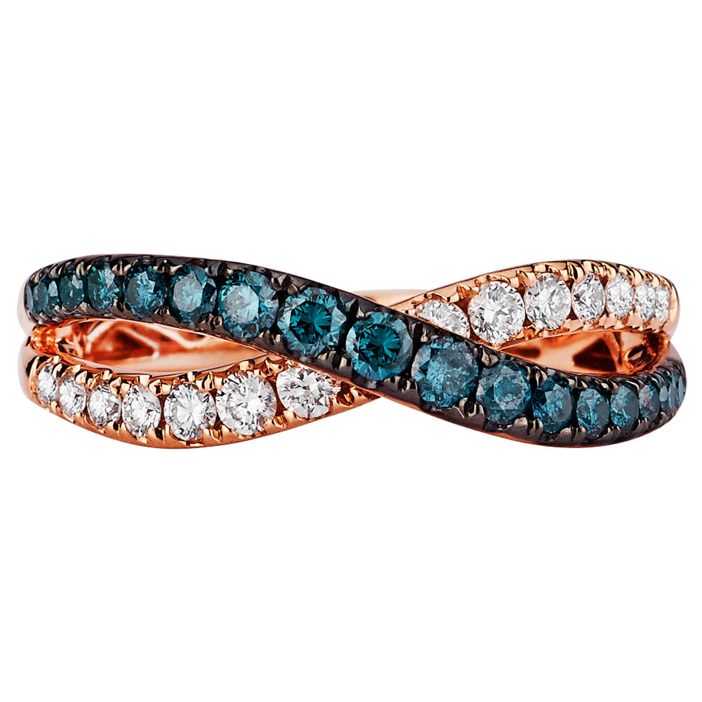 14K Solid Rose Gold Criss Cross Pave Ring with Blue and White (.73ctw) Diamonds