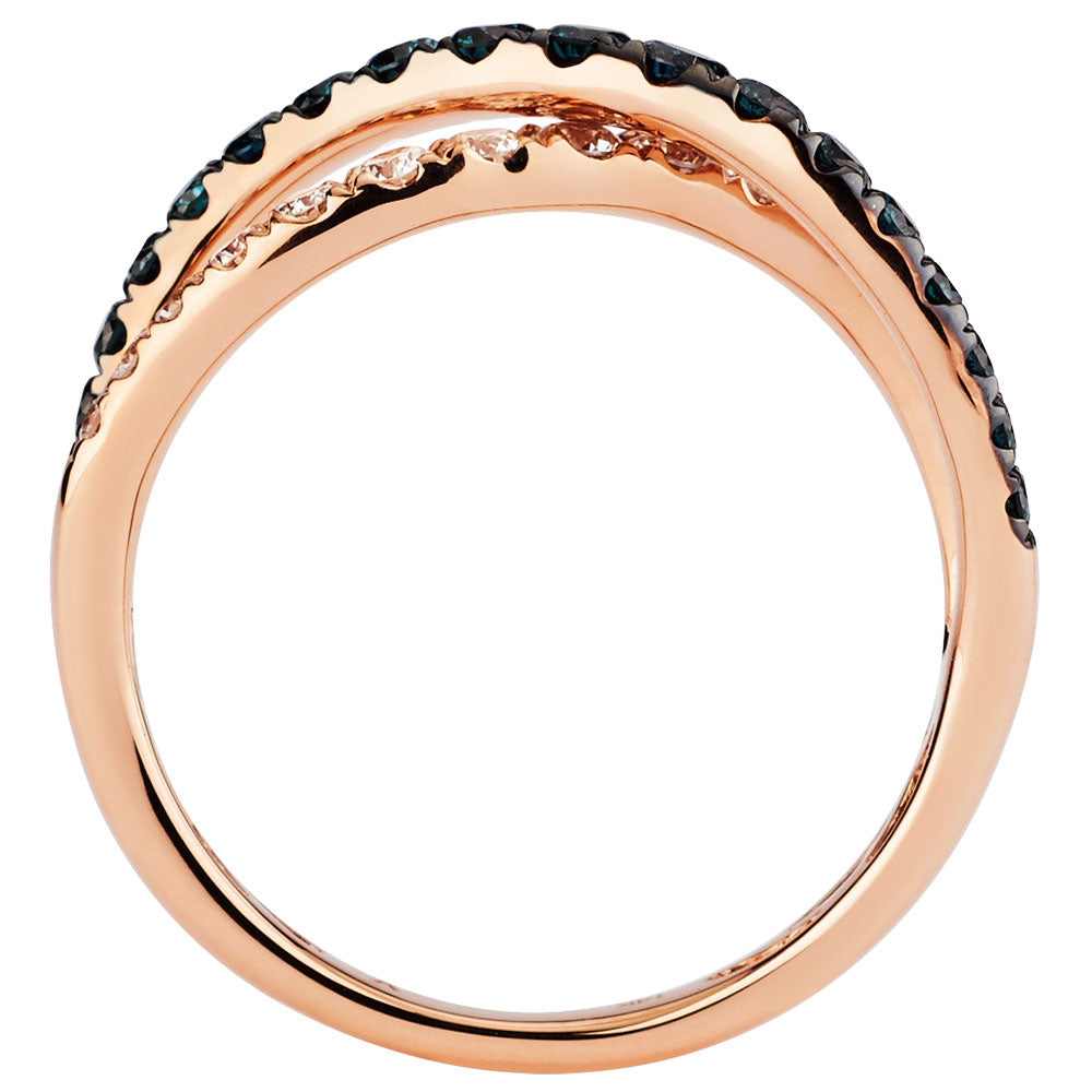 14K Solid Rose Gold Criss Cross Pave Ring with Blue and White (.73ctw) Diamonds