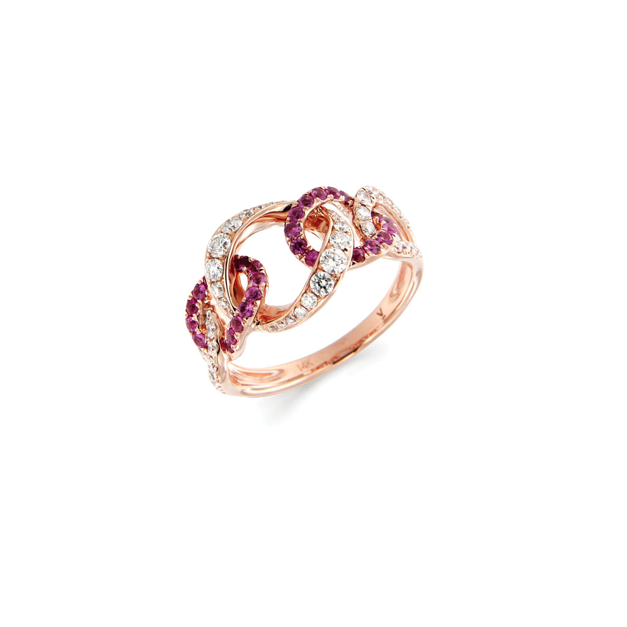 14K Solid Gold (0.40ctw) Pink Sapphires and (0.56ctw) White Diamonds Knotted Ring