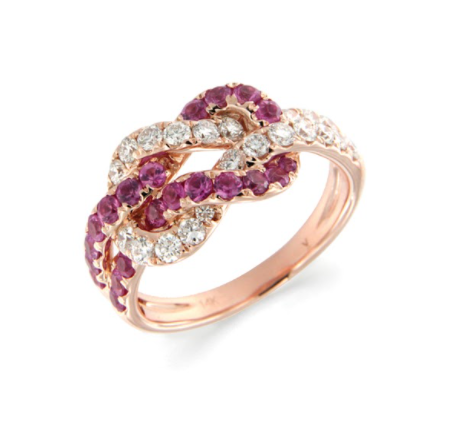 14K Solid Gold Knotted Ring with (0.91ctw) Pink Sapphires and (0.70ctw) Diamonds