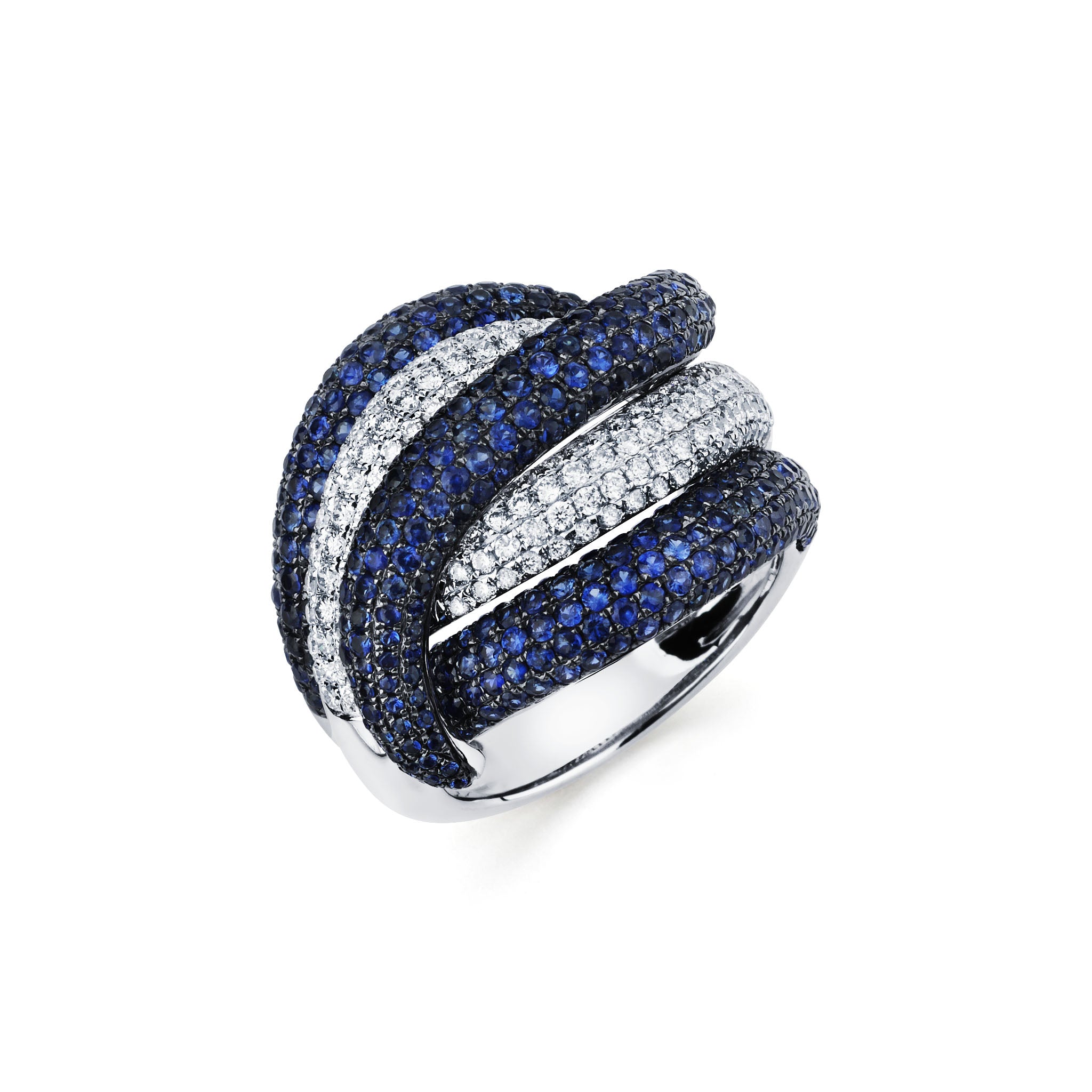 14K Solid Gold (1ctw) Diamonds and (3.32ctw) Sapphires Overlapping Swirl Dome Ring