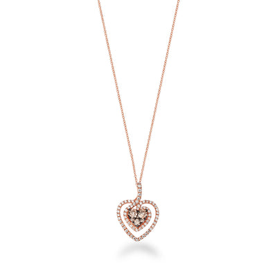 Double Heart Pendant with Brown and White Diamonds in 14K Rose Gold