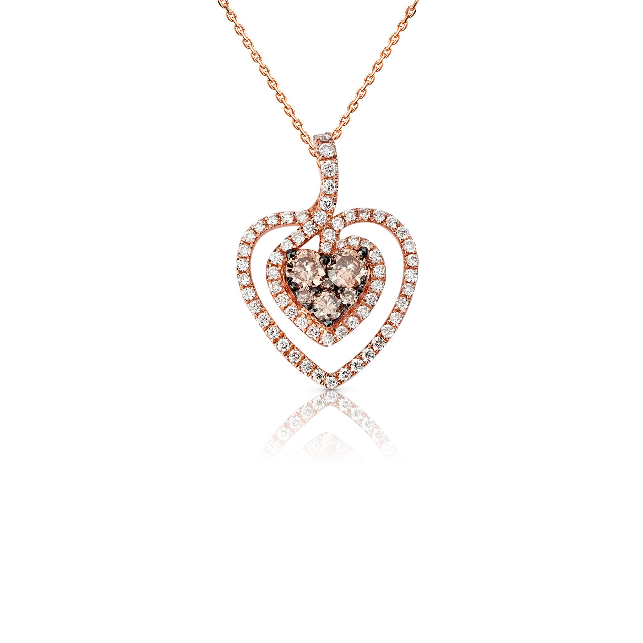 Double Heart Pendant with Brown and White Diamonds in 14K Rose Gold