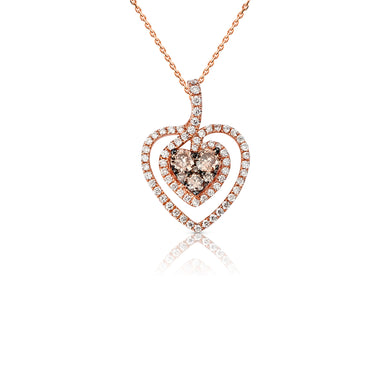 Double Heart Pendant with Brown and White Diamonds in 14K Rose Gold