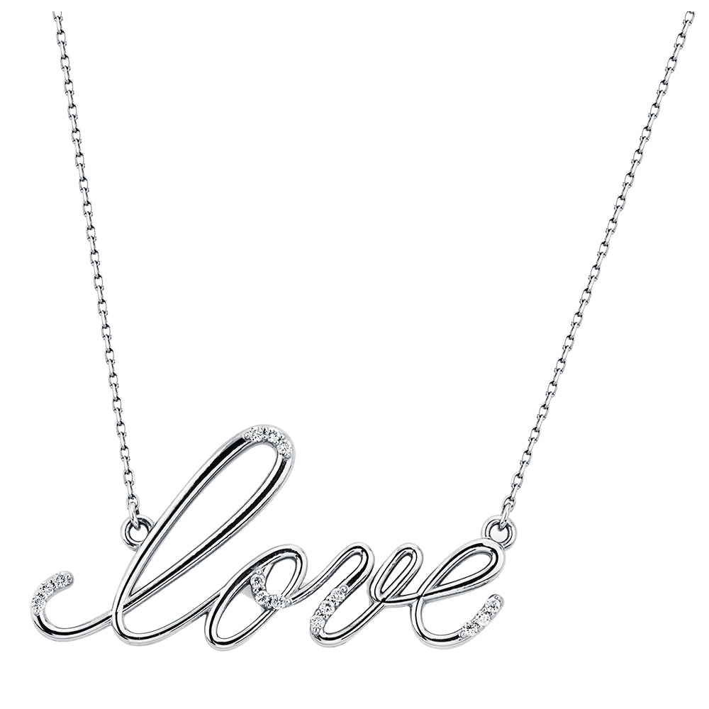 14K Solid White Gold "Love" Necklace with White (.20ctw) Diamonds