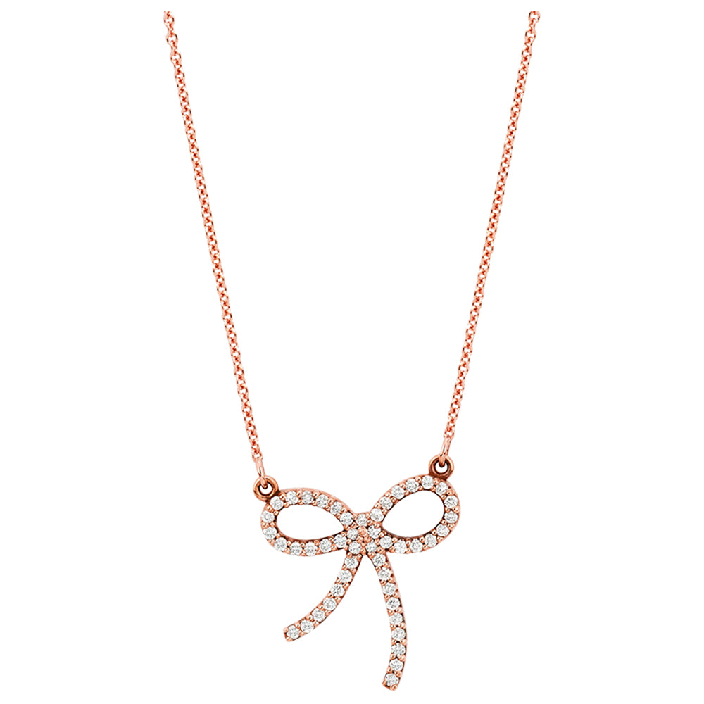 14K Solid Rose Gold (.25 ctw) Diamond Bow Necklace