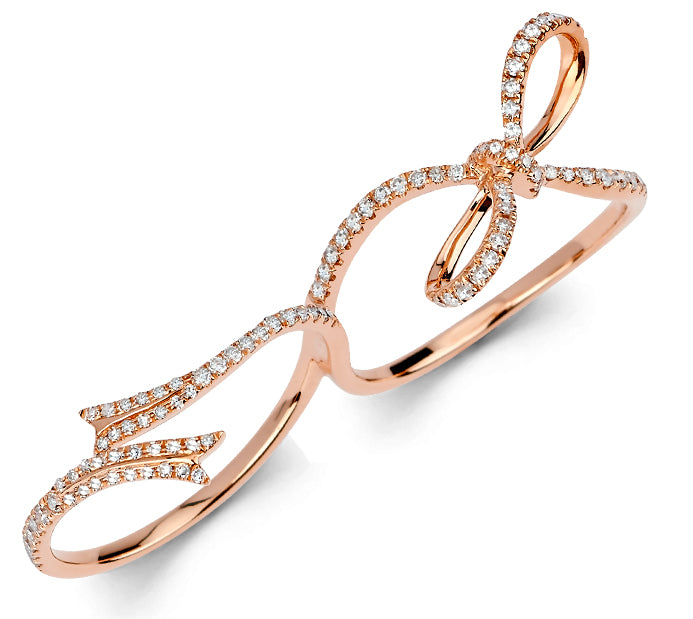 14K Solid Rose Gold Bow and Ribbon Two Finger (.46ctw) Diamond Ring