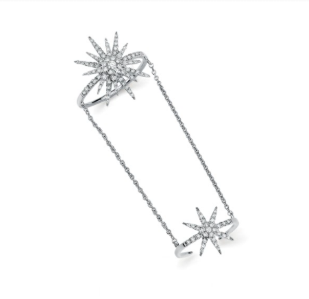 14K Solid White Gold (0.49ctw) Diamond Star Burst Ring with Mini Chain Ring