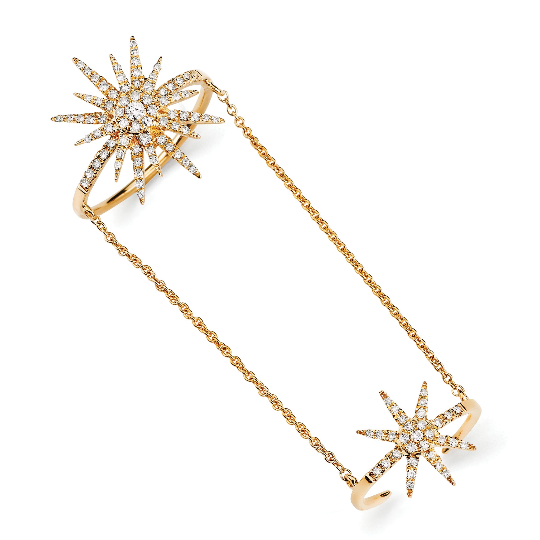 14K Solid Gold (0.49ctw) Diamond Star Burst Ring with Mini Chain Ring