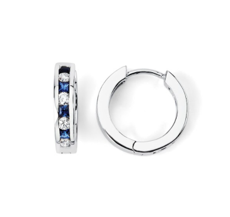 18K Solid Gold (.33ctw) Diamond and (.44ctw) Sapphire Huggie Earrings