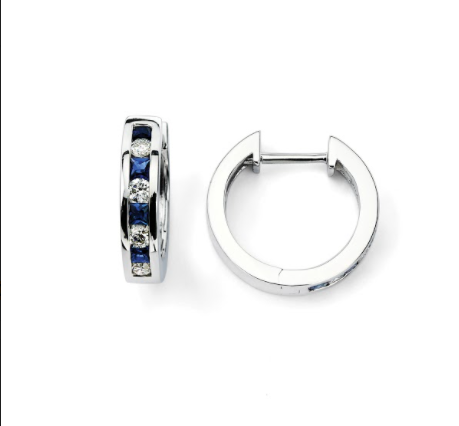 18K Solid Gold (.33ctw) Diamond and (.44ctw) Sapphire Flat Clasp Huggie Earrings