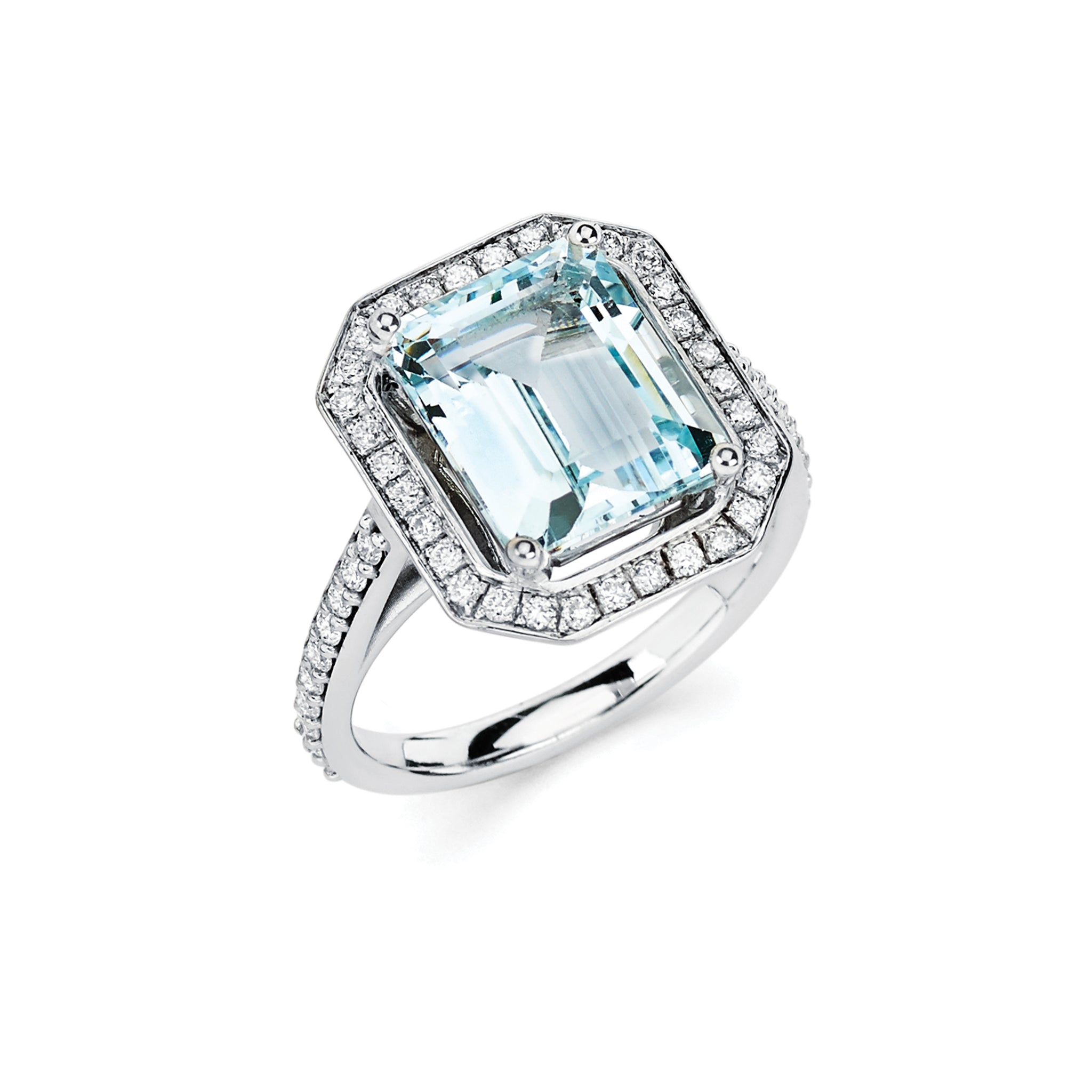 14K Solid Gold (.26ctw) Diamond and Aquamarine Halo Ring