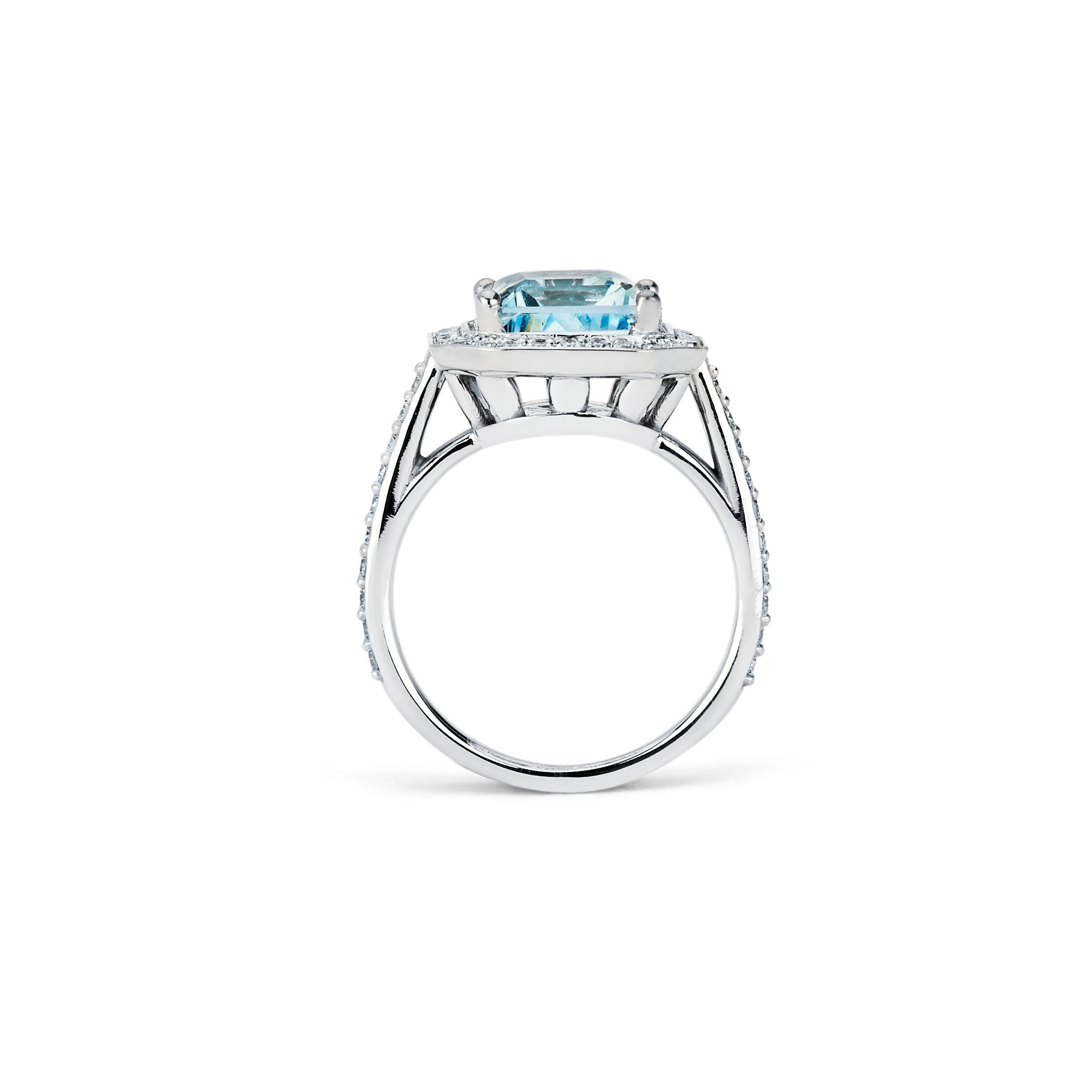 14K Solid Gold (.26ctw) Diamond and Aquamarine Halo Ring