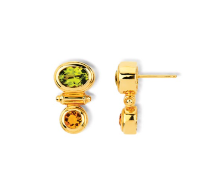 14K Solid Gold Oval & Round Earrings with Peridot and Citrine