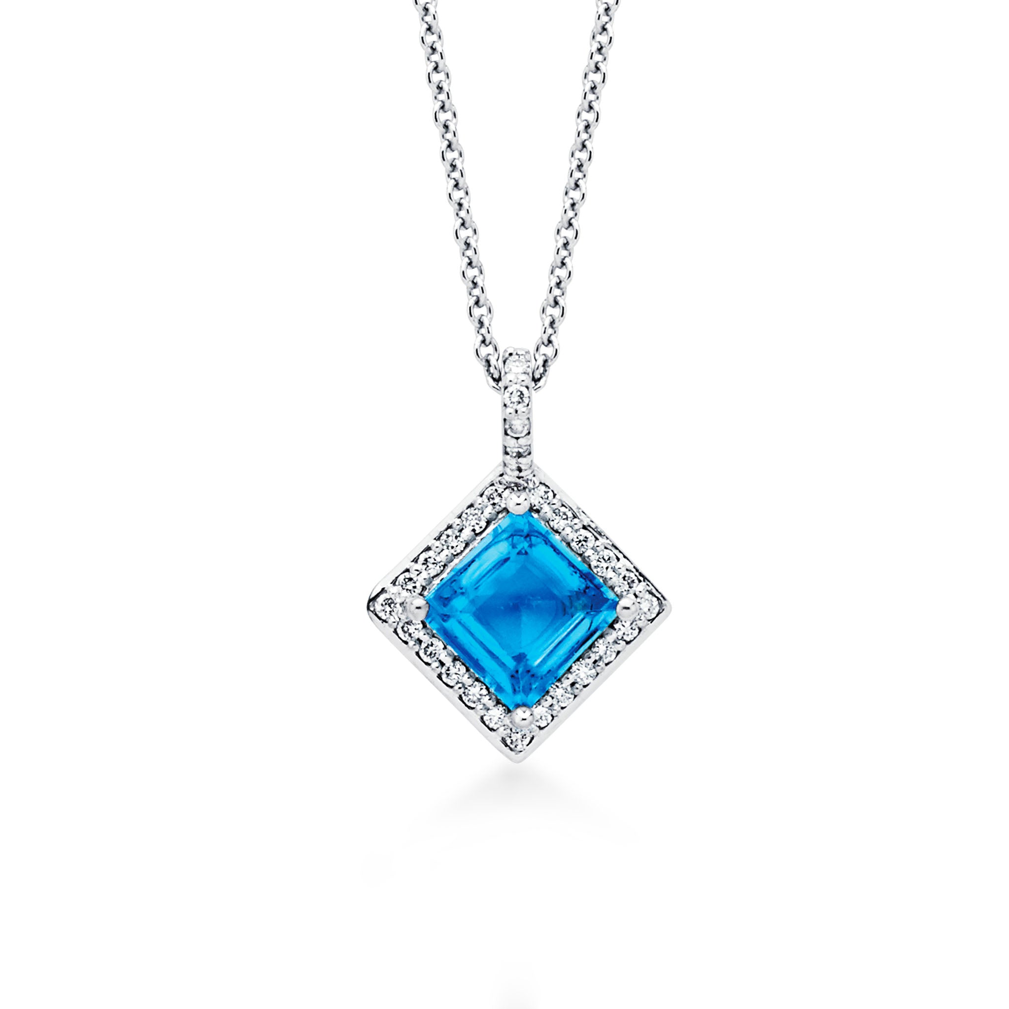 14K Solid Gold (.15ctw) Diamond and Blue Topaz Square Pendant