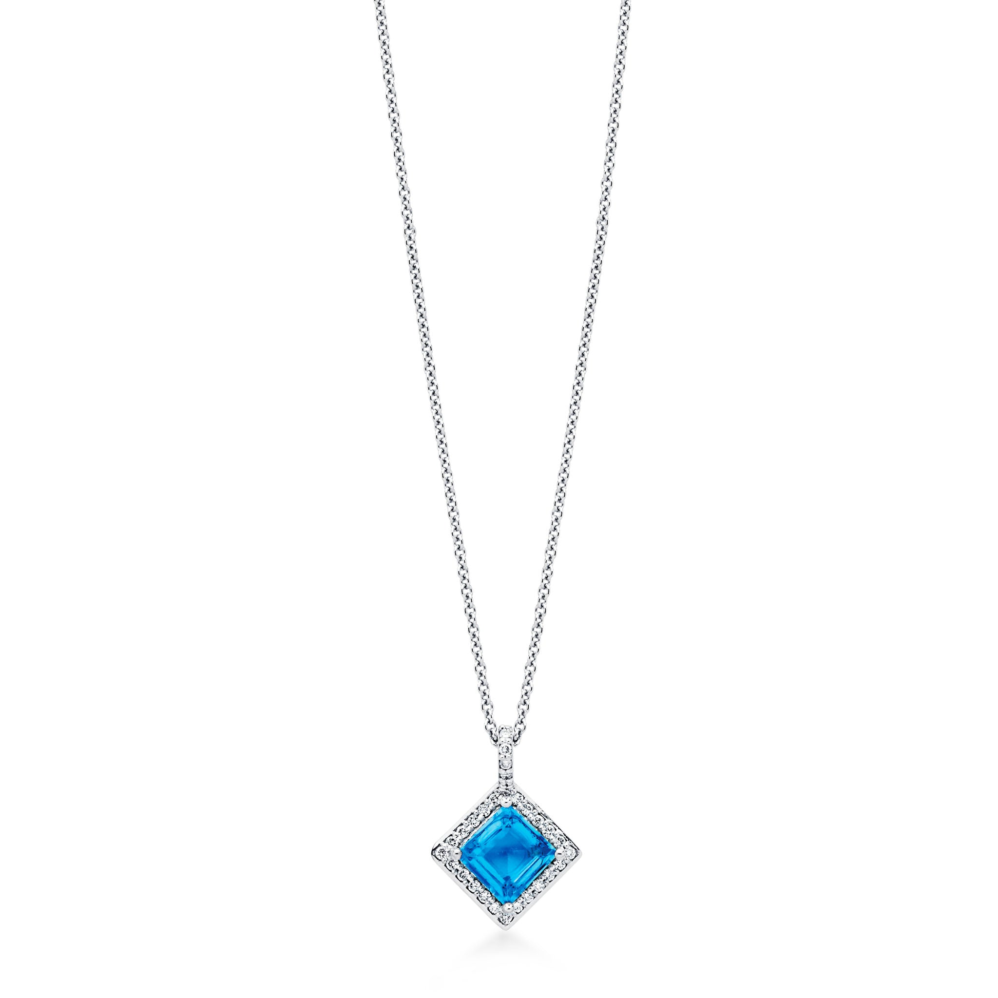 14K Solid Gold (.15ctw) Diamond and Blue Topaz Square Pendant