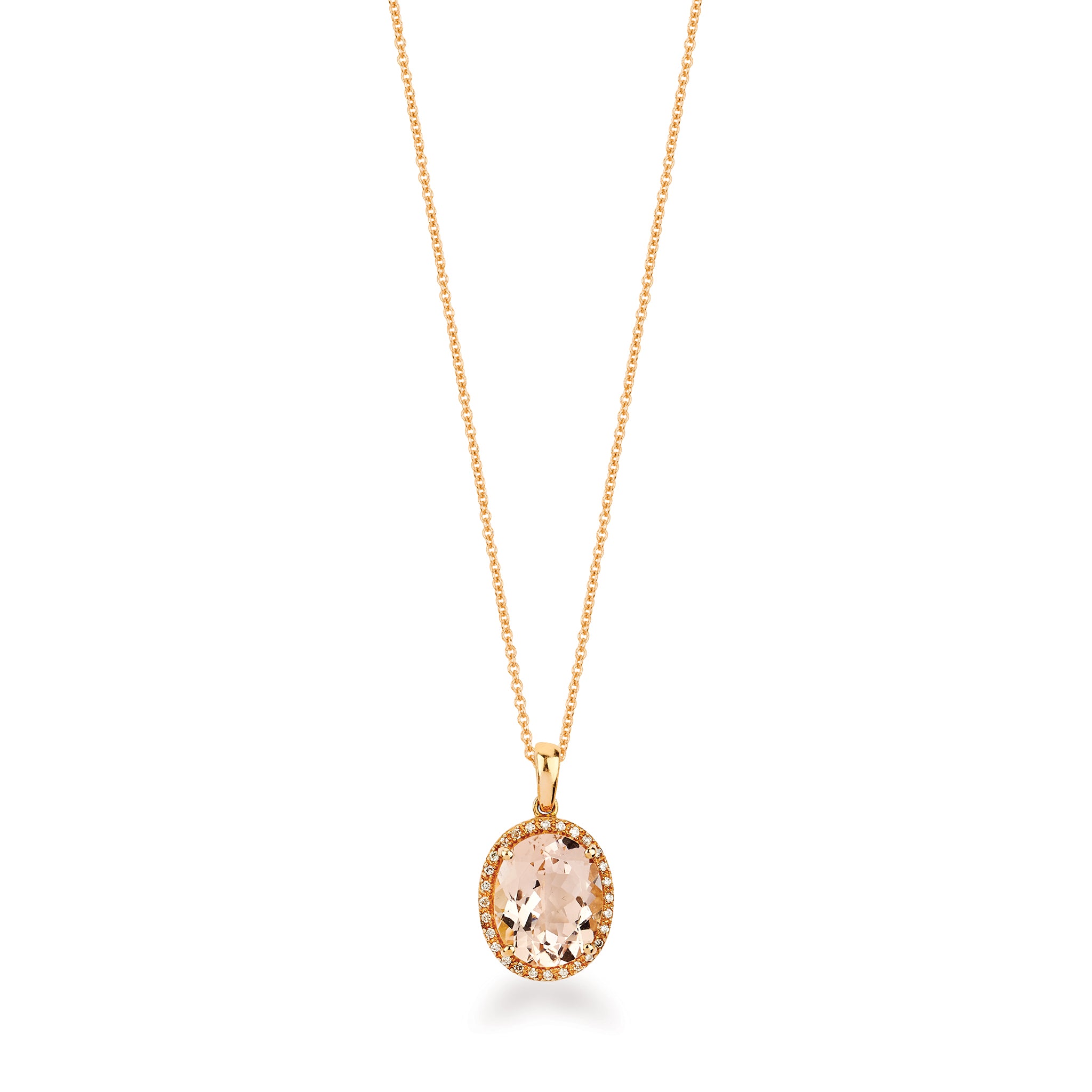 14K Solid Gold (.10ctw) Diamond and Morganite Oval Halo Pendant