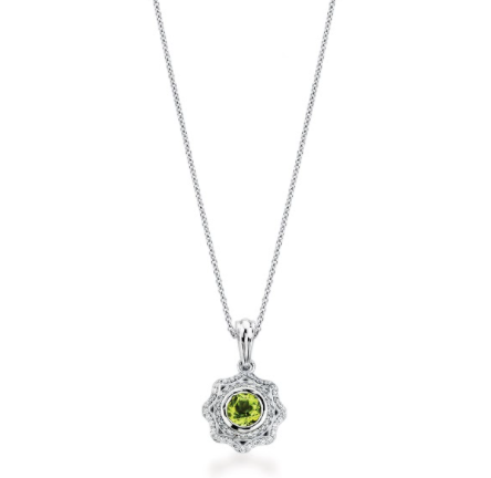 14K Solid Gold Peridot Flower with (.17ctw) Diamond Pendant