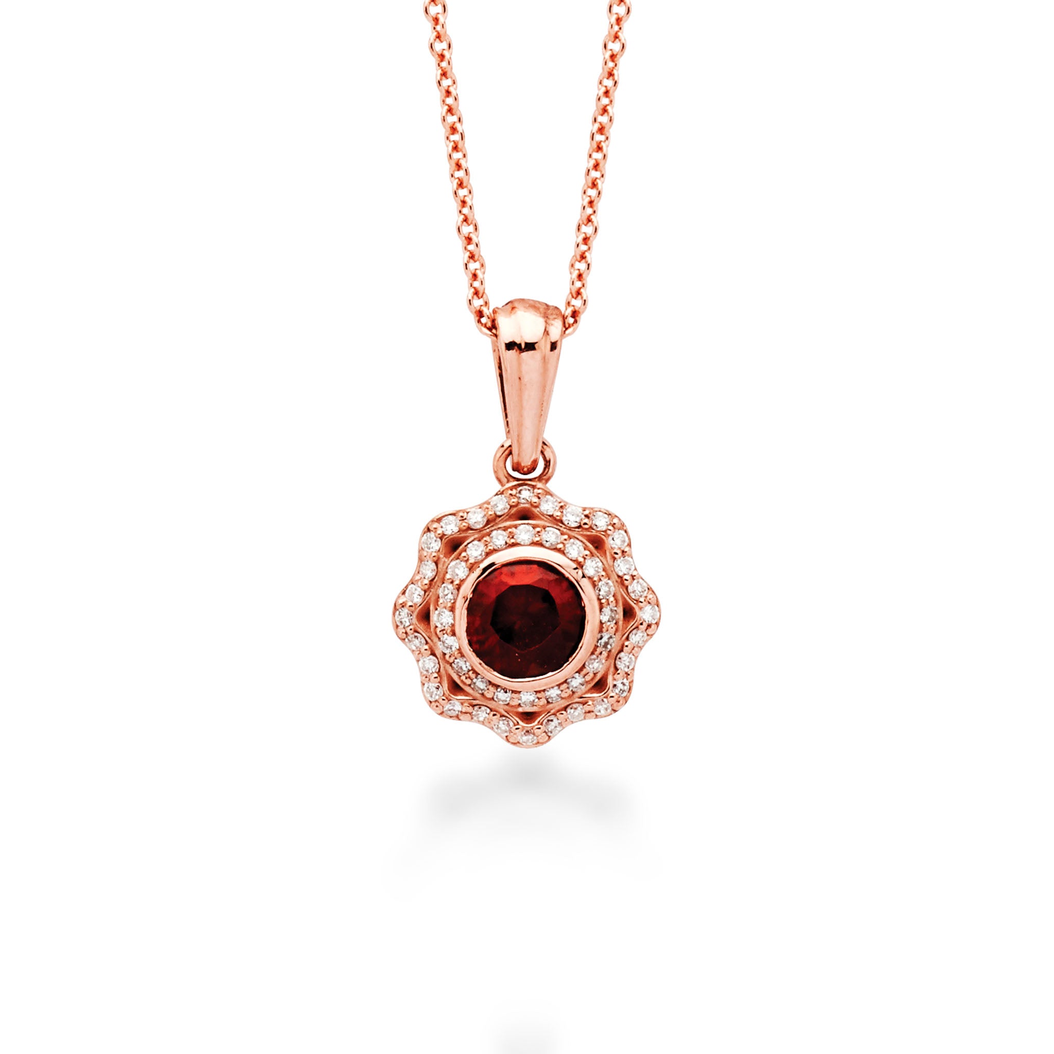 14K Solid Gold (.17ctw) Diamond and Garnet Flower Pendant