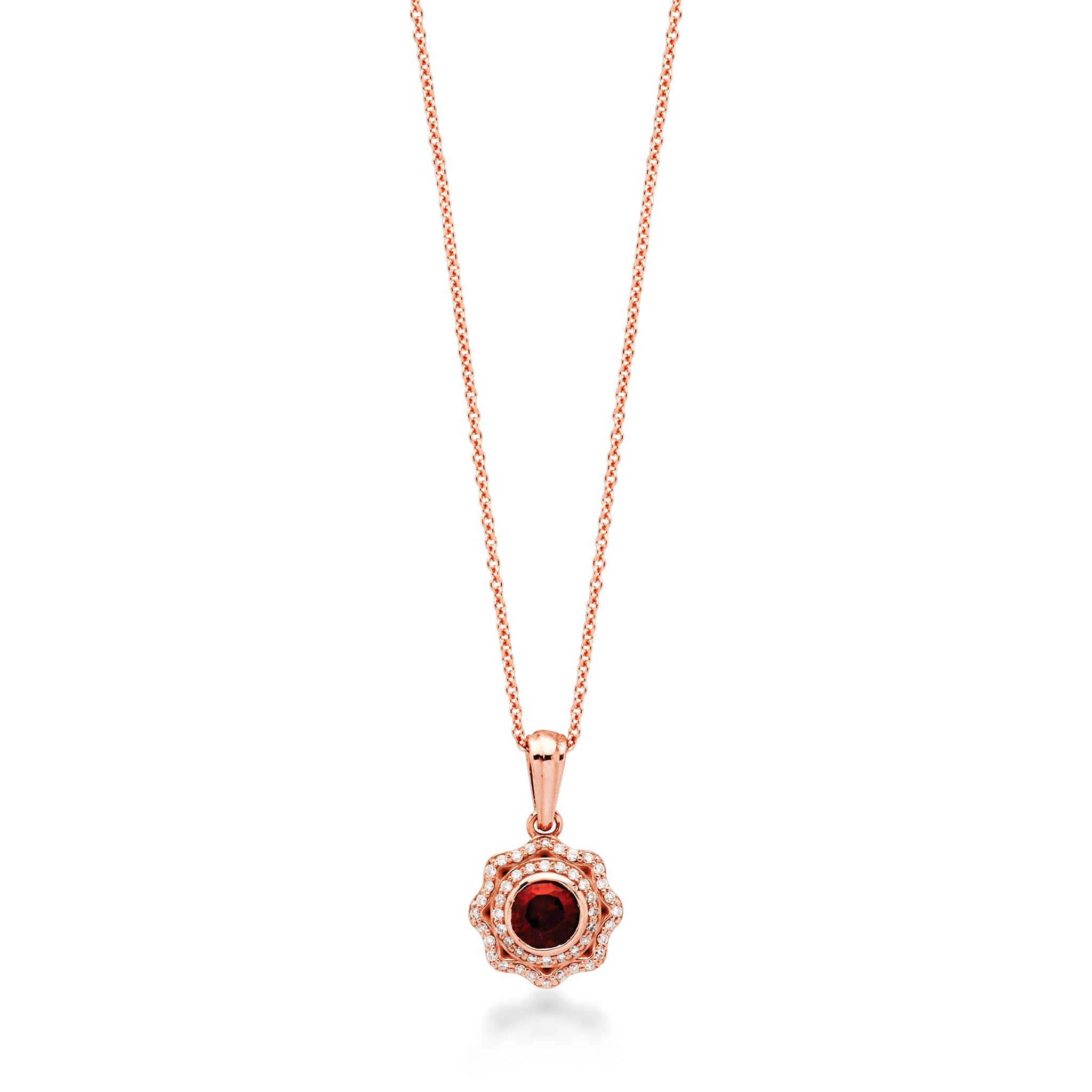 14K Solid Gold (.17ctw) Diamond and Garnet Flower Pendant